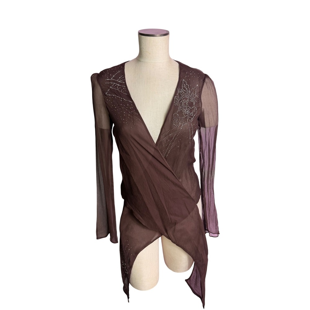 Silk Wrap Top M Brown Rhinestone Sheer Tie Front Long Bell Sleeve 5162 RN110572 - Picture 2 of 8